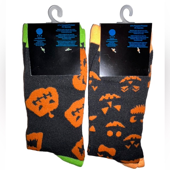 Halloween Jack O'lantern HYP Crew Socks 2 Pair Men's 6-12 Black Orange w Pumpkin - Picture 2 of 8